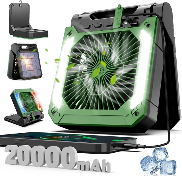 Main image of 20000mAh Rechargeable Camping Fan Battery Operated Powered Fan Portable, 90° Rotation Personal USB Desk Fan with Oil Port/Timer/LED Light/Hanging Hook, Solar Panel Fan Handheld For Camp Power Outage