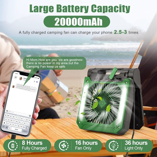Alt view image 2 of 7 - 20000mAh Rechargeable Camping Fan Battery Operated Powered Fan Portable, 90° Rotation Personal USB Desk Fan with Oil Port/Timer/LED Light/Hanging Hook, Solar Panel Fan Handheld For Camp Power Outage