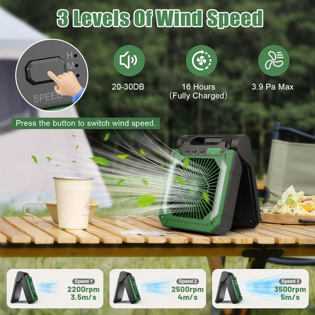 Alt view image 3 of 7 - 20000mAh Rechargeable Camping Fan Battery Operated Powered Fan Portable, 90° Rotation Personal USB Desk Fan with Oil Port/Timer/LED Light/Hanging Hook, Solar Panel Fan Handheld For Camp Power Outage