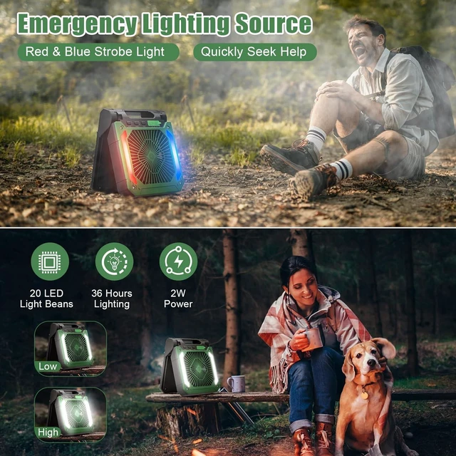 Alt view image 5 of 7 - 20000mAh Rechargeable Camping Fan Battery Operated Powered Fan Portable, 90° Rotation Personal USB Desk Fan with Oil Port/Timer/LED Light/Hanging Hook, Solar Panel Fan Handheld For Camp Power Outage
