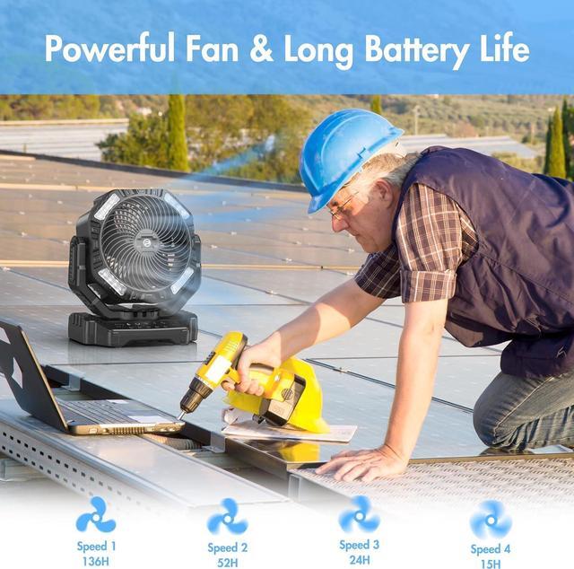 Alt view image 3 of 7 - 40000mAh Rechargeable Fan, Battery Operated Oscillating Outdoor Fan, Battery Powered Table Fan for Home Hurricane Jobsite Garage, Portable Tent Fan with Remote Light Hook for Camping Trip RV