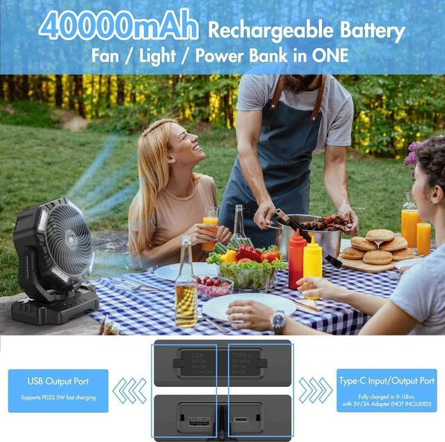 Alt view image 2 of 7 - 40000mAh Rechargeable Fan, Battery Operated Oscillating Outdoor Fan, Battery Powered Table Fan for Home Hurricane Jobsite Garage, Portable Tent Fan with Remote Light Hook for Camping Trip RV