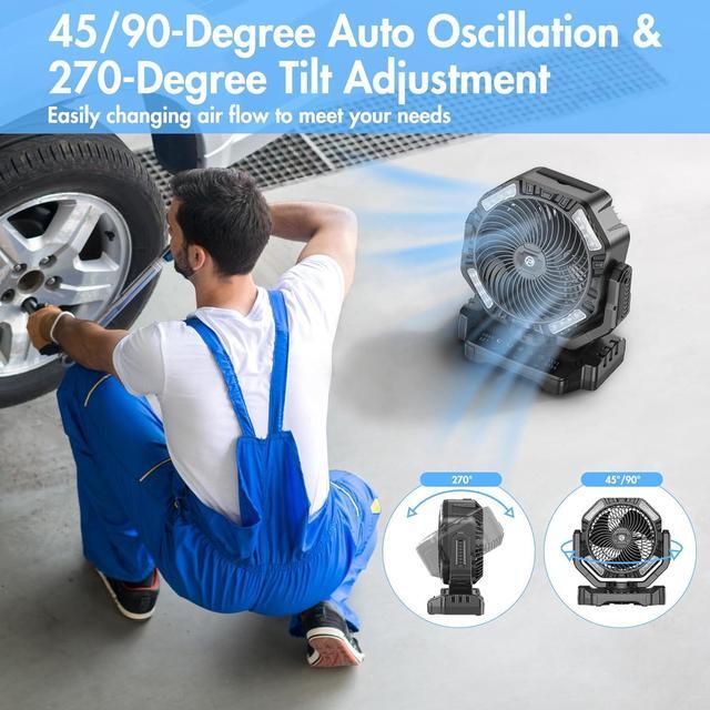 Alt view image 5 of 7 - 40000mAh Rechargeable Fan, Battery Operated Oscillating Outdoor Fan, Battery Powered Table Fan for Home Hurricane Jobsite Garage, Portable Tent Fan with Remote Light Hook for Camping Trip RV