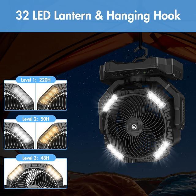 Alt view image 4 of 7 - 40000mAh Rechargeable Fan, Battery Operated Oscillating Outdoor Fan, Battery Powered Table Fan for Home Hurricane Jobsite Garage, Portable Tent Fan with Remote Light Hook for Camping Trip RV