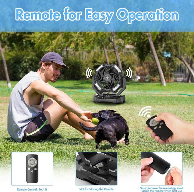 Alt view image 6 of 7 - 40000mAh Rechargeable Fan, Battery Operated Oscillating Outdoor Fan, Battery Powered Table Fan for Home Hurricane Jobsite Garage, Portable Tent Fan with Remote Light Hook for Camping Trip RV