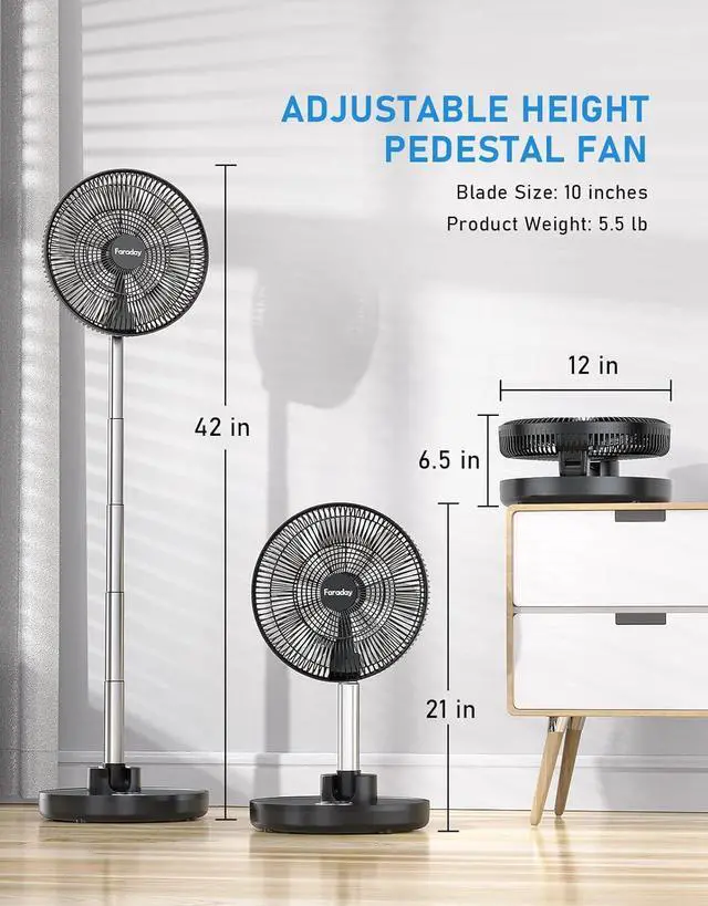 Alt view image 4 of 7 - Oscillating Standing Fan 12 Foldable Portable Quiet Floor Fan 12000mAh Rechargeable Pedestal Fan with Remote, Timer Setting, Height Adjustable Foldaway Fan for Bedroom Home Office, 6 Speed