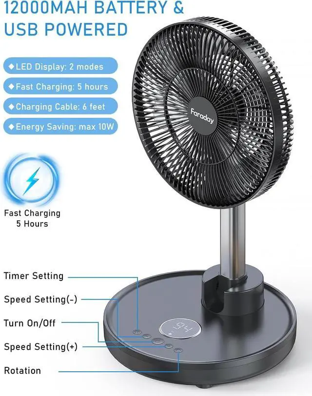 Alt view image 7 of 7 - Oscillating Standing Fan 12 Foldable Portable Quiet Floor Fan 12000mAh Rechargeable Pedestal Fan with Remote, Timer Setting, Height Adjustable Foldaway Fan for Bedroom Home Office, 6 Speed