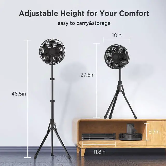 Alt view image 7 of 7 - 10in Foldable Camping Fan, Detachable Tripod, 10000mAh Rechargeable, Remote Control, Quiet Oscillating, Adjustable Height Pedestal Floor Fan for Home