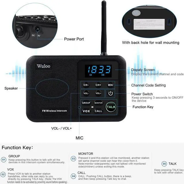 Alt view image 5 of 7 - Intercoms Wireless for Home 1 Mile Range 22 Channel 100 Digital Code Display Screen, Wireless Intercom System for Home House Business Office, Room to Room Intercom Communication(3Stations Black)