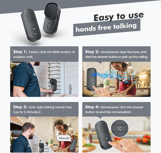 Alt view image 2 of 7 - Hands Free Wireless Intercom Doorbell for Home Classroom, Wuloo Two-Way Communicator Doorbell Chime with 1/2 Mile Distance 4 Volume Levels 10 Chimes Battery-Operated with Mute Mode1&1, Gray)