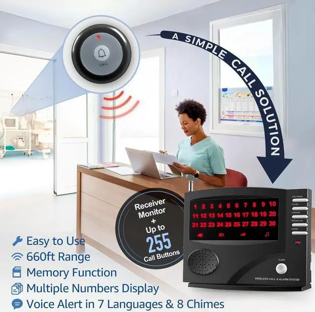 Alt view image 2 of 7 - Wireless Calling System Nurse Call System Caregiver Pager for Restaurant Clinic Nursing Home 7 Languages 8 Alert Tones, 10 Call Buttons and 1 Monitoring Unit for Patients Seniors Customer
