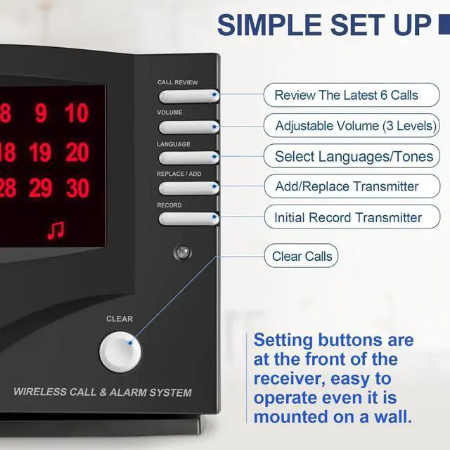 Alt view image 4 of 7 - Wireless Calling System Nurse Call System Caregiver Pager for Restaurant Clinic Nursing Home 7 Languages 8 Alert Tones, 10 Call Buttons and 1 Monitoring Unit for Patients Seniors Customer