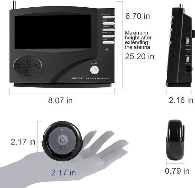 Alt view image 7 of 7 - Wireless Calling System Nurse Call System Caregiver Pager for Restaurant Clinic Nursing Home 7 Languages 8 Alert Tones, 10 Call Buttons and 1 Monitoring Unit for Patients Seniors Customer