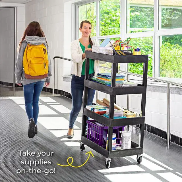 Alt view image 2 of 7 - Tubstr 4 Shelf Utility Cart Supports Up to 300 lbs - Heavy-Duty Plastic Service Push Cart with Deep Shelves and 4" Casters, for Offices, Warehouse Storage, Garage (Black, 35 x 18 x 50)