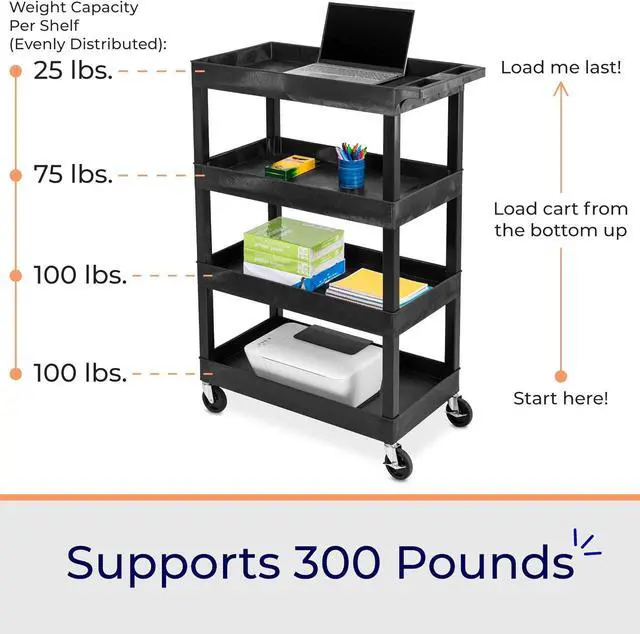 Alt view image 3 of 7 - Tubstr 4 Shelf Utility Cart Supports Up to 300 lbs - Heavy-Duty Plastic Service Push Cart with Deep Shelves and 4" Casters, for Offices, Warehouse Storage, Garage (Black, 35 x 18 x 50)