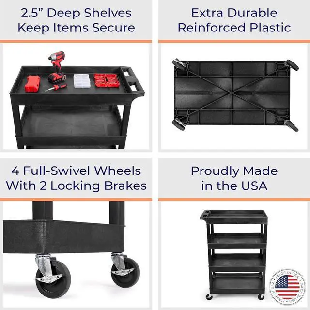 Alt view image 4 of 7 - Tubstr 4 Shelf Utility Cart Supports Up to 300 lbs - Heavy-Duty Plastic Service Push Cart with Deep Shelves and 4" Casters, for Offices, Warehouse Storage, Garage (Black, 35 x 18 x 50)