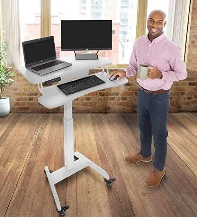 Alt view image 5 of 7 - Cruizer Premier Rolling Electric Podium Desk - Height Adjustable, Mobile Standing Desk with Wheels, Keyboard Tray, Programmable Control, Compact Design for Office, School, Home (Black)