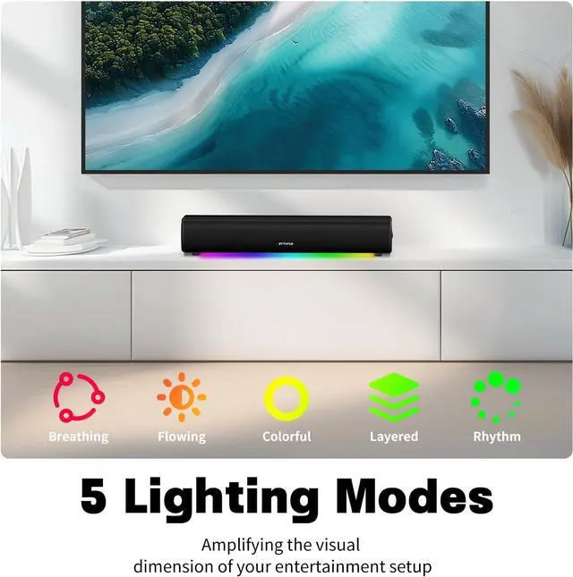 Alt view image 3 of 6 - Sound Bar for Smart TV, 16'/60W Soundbar with Impactful Bass, Dynamic Light and Remote Control, Wall Mountable TV Speakers Bluetooth/Optical/3.5MM AUX Gaming/PC/Projector by DT