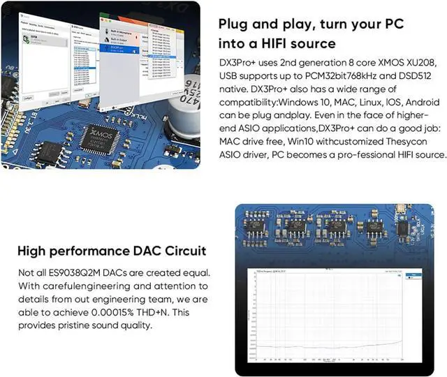 Alt view image 4 of 7 - DX3 Pro+ LDAC Hifi Headphone Amplifier XMOS XU208 Bluetooth USB/Optical/Coaxial DSD512 32Bit/768kHz ES9038Q2M Stereo Audio DAC Amp with Remote Control (Silver)