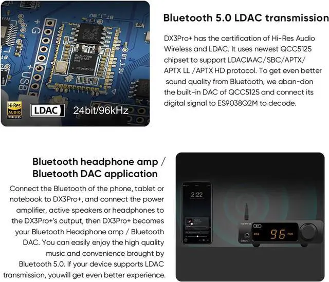 Alt view image 5 of 7 - DX3 Pro+ LDAC Hifi Headphone Amplifier XMOS XU208 Bluetooth USB/Optical/Coaxial DSD512 32Bit/768kHz ES9038Q2M Stereo Audio DAC Amp with Remote Control (Silver)