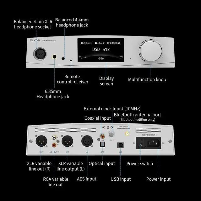 Alt view image 2 of 6 - aune S9c Pro DAC with Headphone Amp, 10MHz Clock Input, 32bit/768kHz/DSD512/MQA, Dual-DAC Chip, 6.35/XLR/4.4 Jack, PLL/Clock Sync Tech/Twin JFET, for PC/Speaker/Home Audio (Silver)