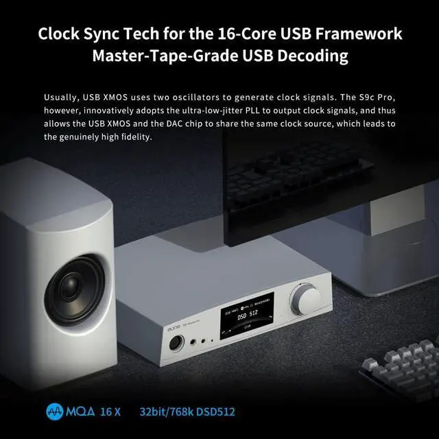 Alt view image 3 of 6 - aune S9c Pro DAC with Headphone Amp, 10MHz Clock Input, 32bit/768kHz/DSD512/MQA, Dual-DAC Chip, 6.35/XLR/4.4 Jack, PLL/Clock Sync Tech/Twin JFET, for PC/Speaker/Home Audio (Silver)