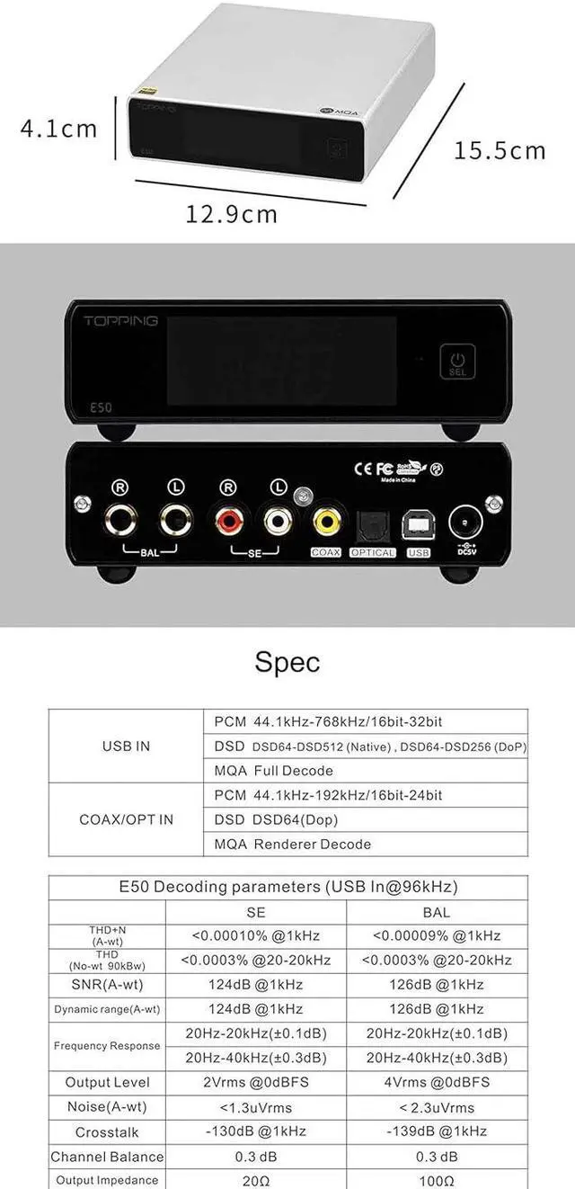 Alt view image 2 of 7 - E50 Mini HiFi DAC ES9068AS DSD512 PCM768kHz USB DAC USB/Coax/Opt Inputs RCA/TRS Outputs Decoder for Home Theater Game Music Black