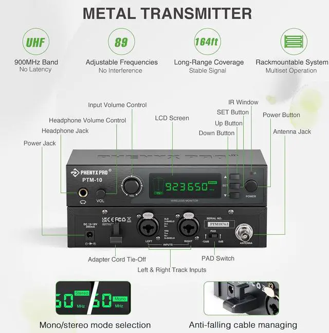 Alt view image 2 of 6 - Wireless in-Ear Monitor System, Stereo IEM System with Rack Mount Kit, 89 Frequencies, 900MHz UHF Band, 164ft Range, Suitable for Stage & Studio (4 Bodypacks with Transmitter)