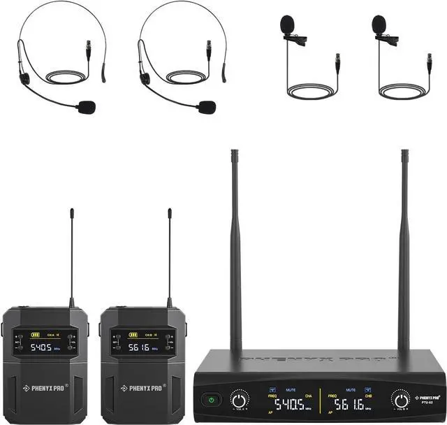 Main image of UHF Wireless Microphone System w/ 2x30 Tunable Frequencies, Metal Cordless Mic Set, 200 ft Range, 2 Bodypacks & Headsets/Lapel Mics for Speaking, Singing, Church, DJ (PTU-52-2B)