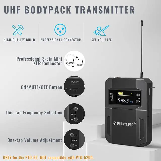 Alt view image 3 of 7 - UHF Wireless Microphone System w/ 2x30 Tunable Frequencies, Metal Cordless Mic Set, 200 ft Range, 2 Bodypacks & Headsets/Lapel Mics for Speaking, Singing, Church, DJ (PTU-52-2B)