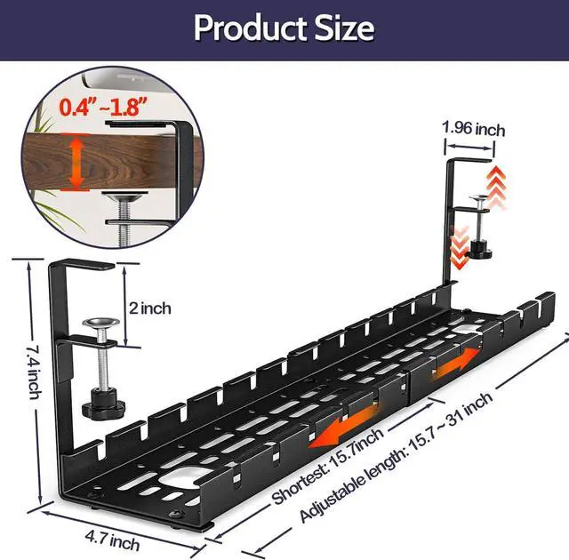 Alt view image 4 of 7 - 2 Pack Cable Management Under Desk, 15.7"-31" Retractable Cable Management Tray, No Drilling Cord Organizer with Clamp for Desk, Under Table Wire Management Tray for Home Office