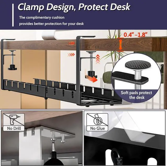 Alt view image 5 of 7 - 2 Pack Cable Management Under Desk, 15.7"-31" Retractable Cable Management Tray, No Drilling Cord Organizer with Clamp for Desk, Under Table Wire Management Tray for Home Office