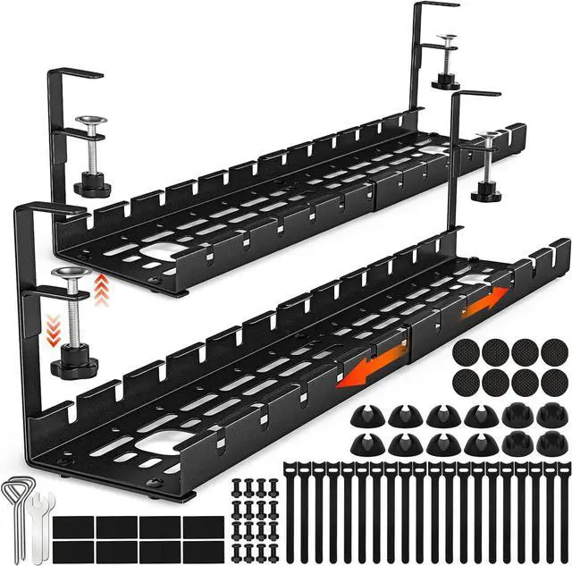 Main image of 2 Pack Cable Management Under Desk, 15.7"-31" Retractable Cable Management Tray, No Drilling Cord Organizer with Clamp for Desk, Under Table Wire Management Tray for Home Office