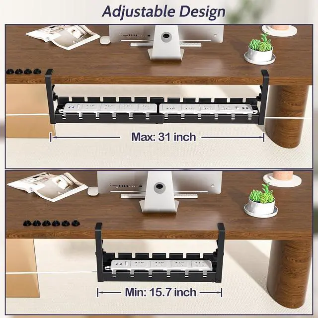 Alt view image 3 of 7 - 2 Pack Cable Management Under Desk, 15.7"-31" Retractable Cable Management Tray, No Drilling Cord Organizer with Clamp for Desk, Under Table Wire Management Tray for Home Office