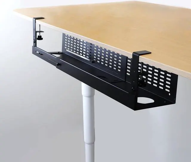 Alt view image 2 of 7 - Under Desk Cable Management Tray Kit - Horizontal Adjustable up to 41 Removable C Clamp Mount Reversible Computer Cord Raceway and Modesty Panel for Large Desk, Black