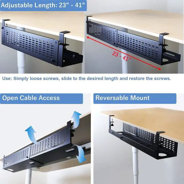 Alt view image 3 of 7 - Under Desk Cable Management Tray Kit - Horizontal Adjustable up to 41 Removable C Clamp Mount Reversible Computer Cord Raceway and Modesty Panel for Large Desk, Black