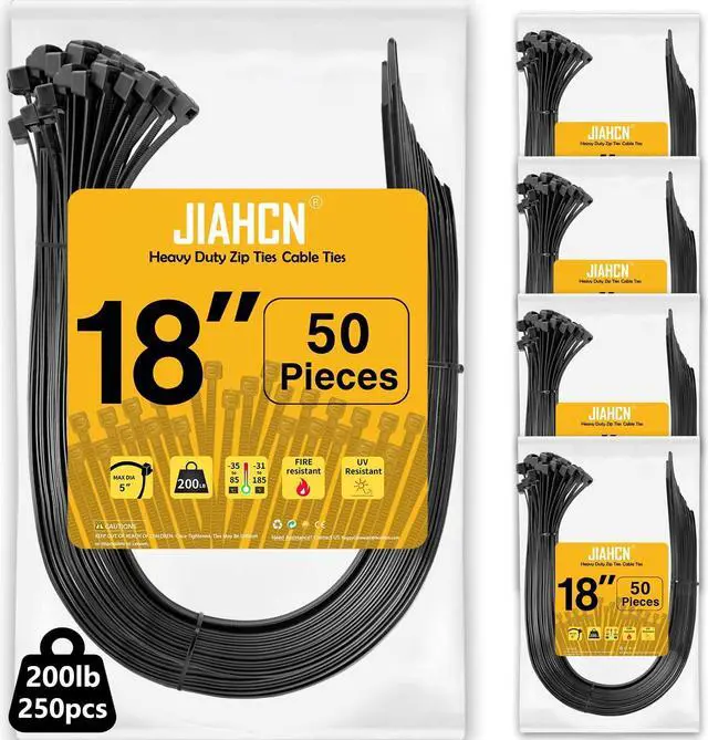 Main image of Long Zip Ties Heavy Duty 250 Pack Cable Ties 200lbs UV Resistant Cable Tie 18 Inch Wraps Black Industrial Zip Ties Thick Nylon Wire Ties Large Plastic Zipties for Cable Management, Outdoor Use