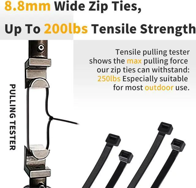 Alt view image 3 of 7 - Long Zip Ties Heavy Duty 250 Pack Cable Ties 200lbs UV Resistant Cable Tie 18 Inch Wraps Black Industrial Zip Ties Thick Nylon Wire Ties Large Plastic Zipties for Cable Management, Outdoor Use