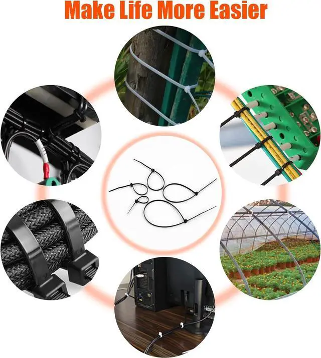 Alt view image 6 of 7 - 12 Inch Zip Ties (Bulk 1000 Pack Black & 100 Pack White),50LBS Tensile Strength Heavy Duty Cable Wire Ties With Self-Locking Adjustable Durable Nylon Tie Wraps for Indoor Outdoor (10 Pack Mount)