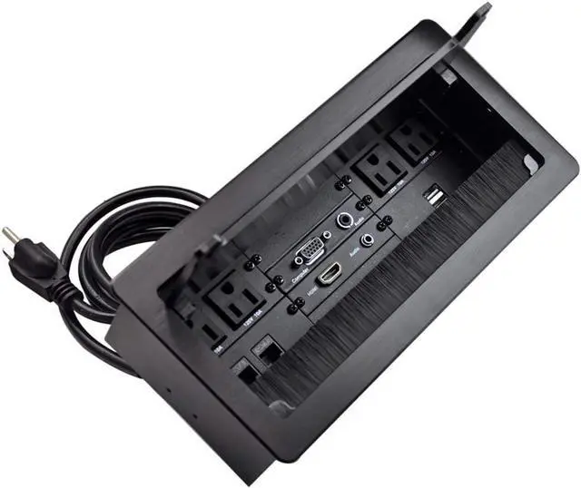 Main image of Conference Table Power Brush Connectivity Box with 4 AC Power + 2 RJ45CAT6 + 2 Audio 3.5mm + 1 VGA + 1 HDMI + 2 USB Charger with 5.58ft Power Cord  (Black)