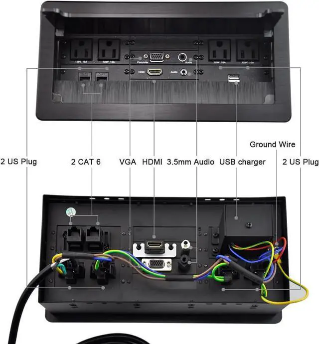 Alt view image 2 of 7 - Conference Table Power Brush Connectivity Box with 4 AC Power + 2 RJ45CAT6 + 2 Audio 3.5mm + 1 VGA + 1 HDMI + 2 USB Charger with 5.58ft Power Cord  (Black)
