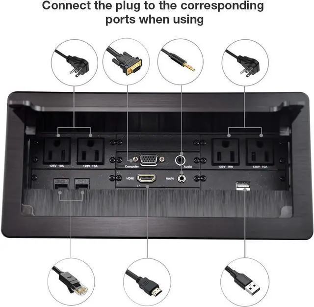 Alt view image 3 of 7 - Conference Table Power Brush Connectivity Box with 4 AC Power + 2 RJ45CAT6 + 2 Audio 3.5mm + 1 VGA + 1 HDMI + 2 USB Charger with 5.58ft Power Cord  (Black)