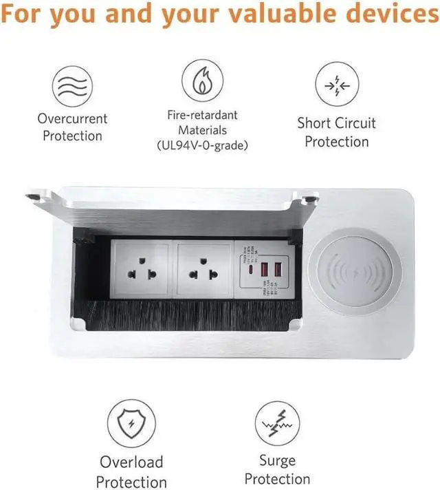 Alt view image 2 of 6 - Conference Table Power hub Conference Table connectivity Box with 45 Degree Angle Convenient Plug-in Socket, Power Fully Enclosed Bottom Box Power Socket, USB, Type C, HDMI, RJ45, Silver