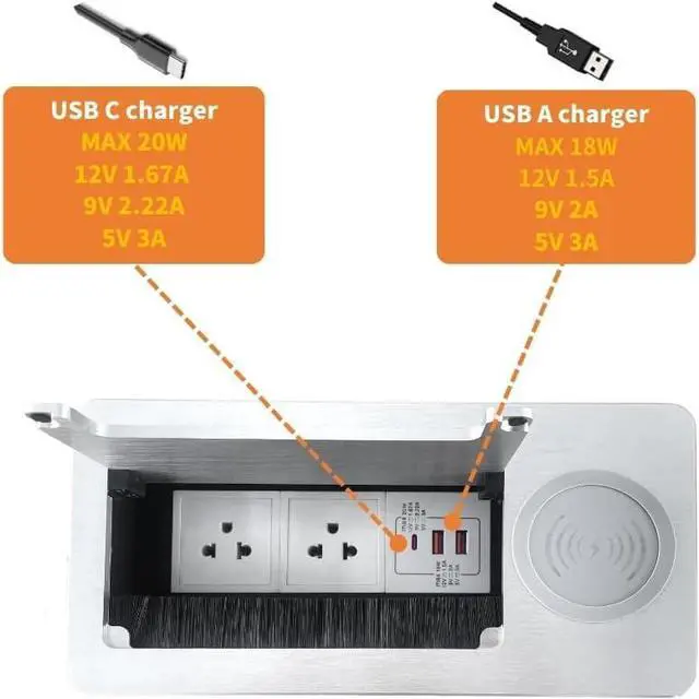 Alt view image 5 of 6 - Conference Table Power hub Conference Table connectivity Box with 45 Degree Angle Convenient Plug-in Socket, Power Fully Enclosed Bottom Box Power Socket, USB, Type C, HDMI, RJ45, Silver