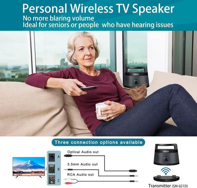 Alt view image 2 of 7 - Wireless Portable TV Speakers with TV Audio Listening Assistance, Voice Highlighting TV Speakers for Hard of Hearing, Seniors and Elderly, 100ft Range, Extra Headset & 2 Adapters -SM-621D