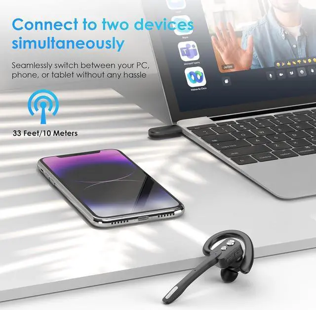 Alt view image 4 of 6 - Bluetooth Headset, Wireless Bluetooth Earpiece with Dual-Mic & Noise Canceling, Single Ear Headset with Mute for Business, Remote Work,V5.3 Hand-Free headset for iOS Android Cell Phone (Black+Dongle)