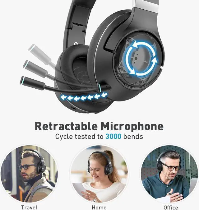 Alt view image 4 of 6 - H300 Wireless Headphones Bluetooth with Microphone, Over Ear Headsets with USB Dongle & Mute, Environmental Noise Cancelling Retractable Mic for Work Office Meeting Laptop Computer (Black)