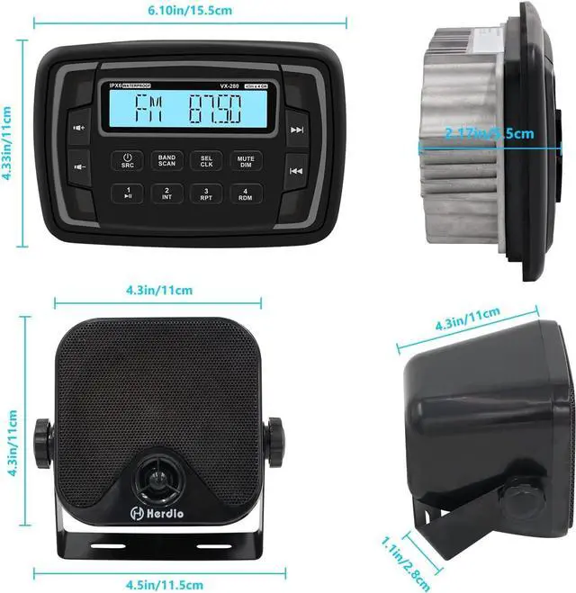 Alt view image 6 of 7 - 4 Inches Waterproof Marine Speakers Compatible with Bluetooth Car AM/FM Radio Stereo Receiver for Polaris Ranger XP900 Golf Cart UTV ATV Motorcycle Boat Heavyduty Powersports Car Vehicles