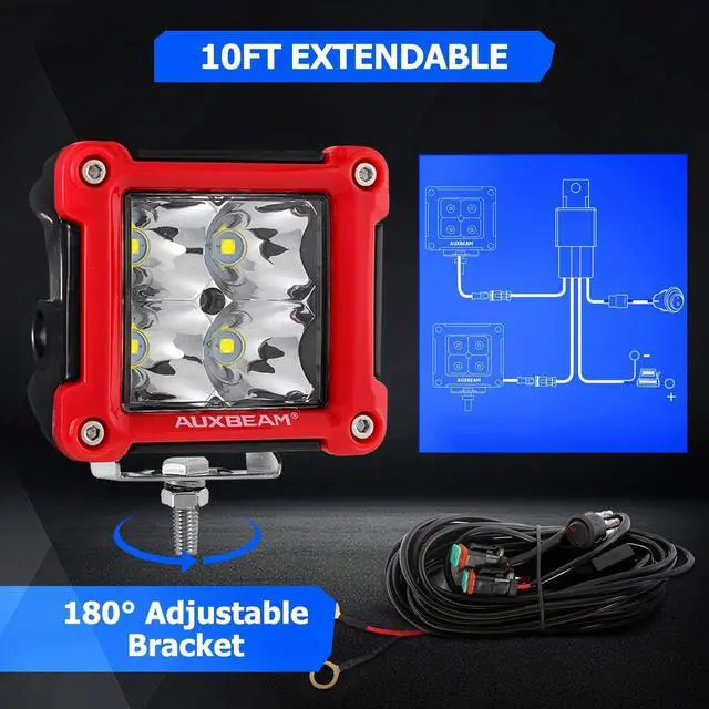Alt view image 6 of 7 - FA Series Red Housing LED Pods, 3 Inch 40W Spot Beam Light Bar, Ditch Off-Road Cube Lights Bumper A-Pillar Hood Mount, with DT Wiring Harness, Pair