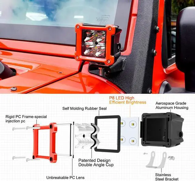 Alt view image 7 of 7 - FA Series Red Housing LED Pods, 3 Inch 40W Spot Beam Light Bar, Ditch Off-Road Cube Lights Bumper A-Pillar Hood Mount, with DT Wiring Harness, Pair